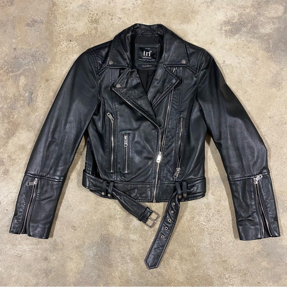 Zara TFR 100% Sheep Skin Black Leather Motorcycle Jacket Size S